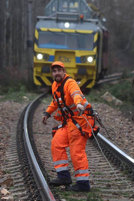 Oprava elektrifikované železniční tratě u Hluboké nad Vltavou, kde se kvůli pádům stromů zastavily vlaky.