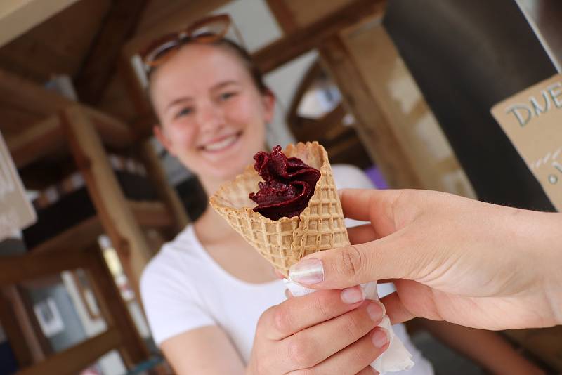 Vegan zmrzlina před prodejnou Dobré konopí v Krajinské ulici v centru Budějovic.