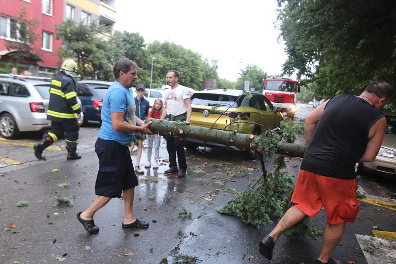 Důsledky bouře v Českých Budějovicích v Průběžné ulici, kde spadlo několik stromů a hasiči a místní odklízeli větve.
