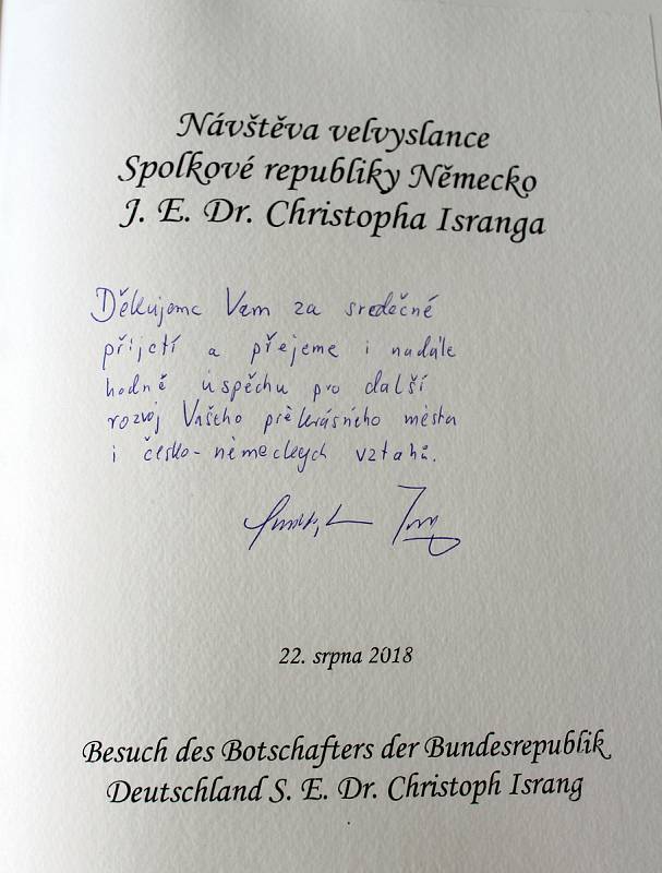 Německý velvyslanec Christoph Israng na radnici v Českých Budějovicích.