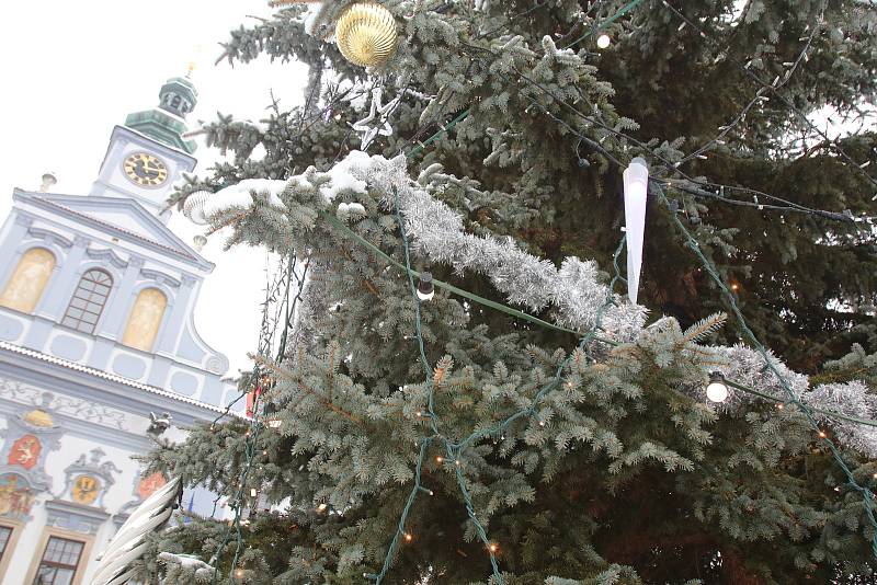 Vánoční strom v Budějovicích už svítí, v neděli ho přizdobil sníh