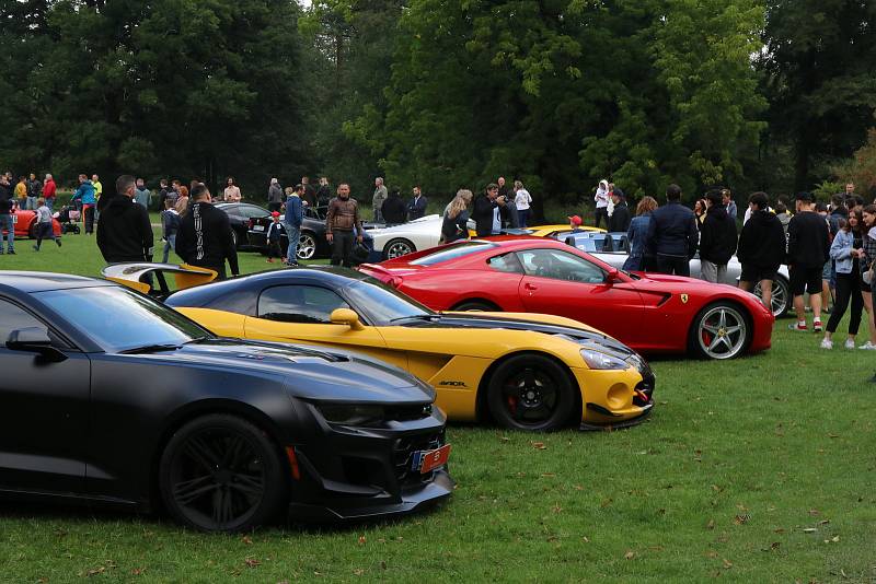 Výstava sportovních automobilů v parku zámku Blatná zaujala stovky návštěvníků.