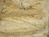 Šikmé vrstvy písku vzniklé na břehu Lužnice ve starších čtvrtohorách (pleistocénu), pískovna Cep II na Třeboňsku.