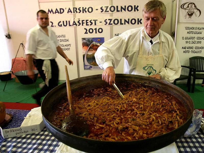 MAĎARSKÝ GULÁŠ. Sándor Csányi, prezident Gulášfestivalu v maďarském Szolnoku (na snímku), servíroval  v Českých Budějovicích na Gastrofestu v pavilonu F1 guláš s hovězím masem a houbami. 