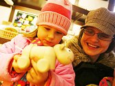 Dřevěné hračky si v prodejně řemeslných výrobků Domestika v českobudějovické Rabenštejnské věži vybírá Zuzana Čerklová se svými dcerami čtyřletou Zuzankou.