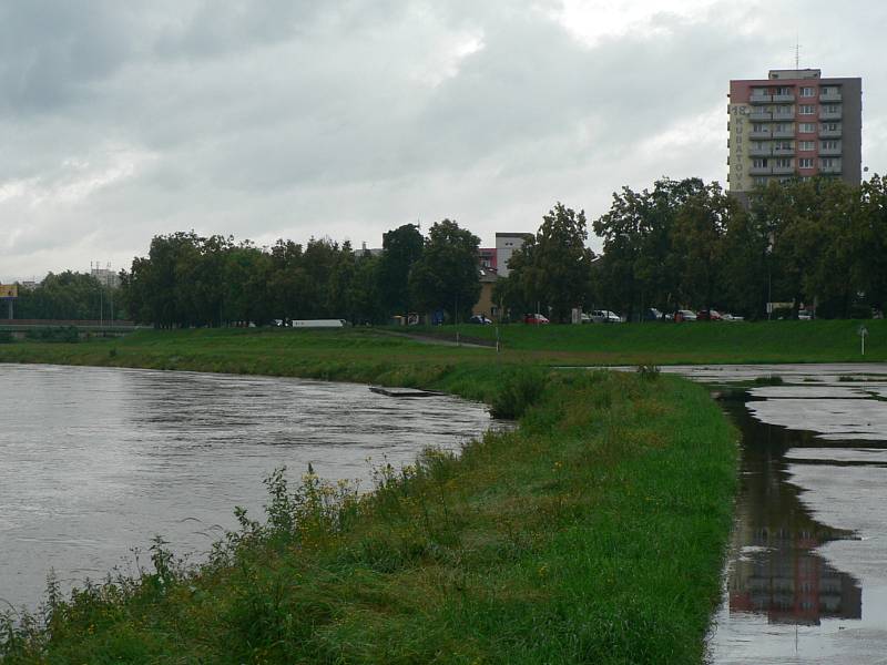 Zvýšená hladina Vltavy v Českých Budějovicích pod Dlouhým mostem u Lannovy loděnice v červnu 2020.