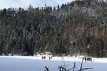 Neukáznění turisté na zamrzlé hladině Čertova jezera, které leží v Národní přírodní rezervaci. Chodit se přitom smí jen po břehu, po značených cestách.