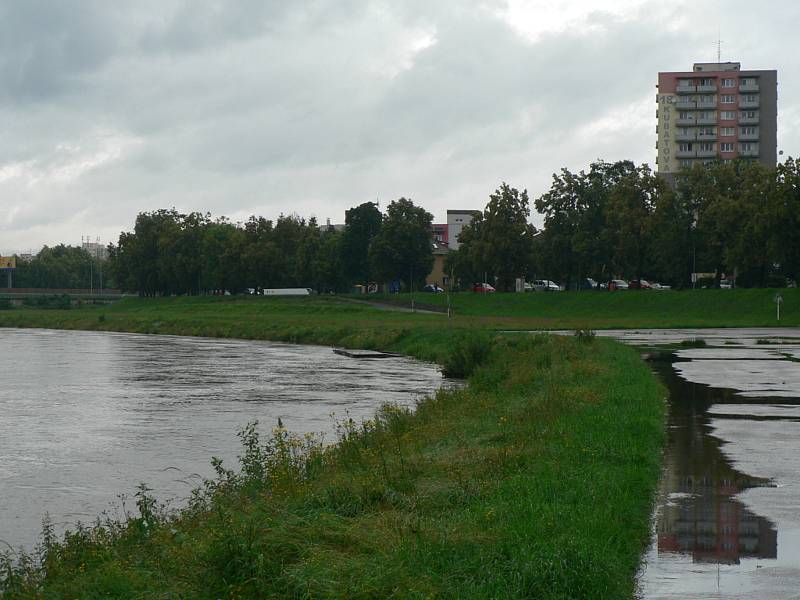 Zvýšená hladina Vltavy v Českých Budějovicích. Pod Dlouhým mostem u Lannovy loděnice.