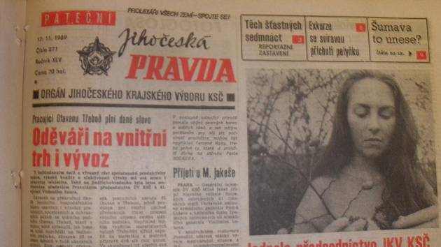 Titulka Jihočeské pravdy ze 17. listopadu 1989