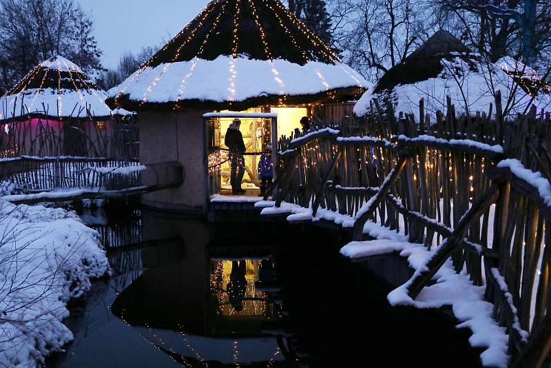 Vánočně nasvícená Zoo Ohrada v Hluboké nad Vltavou.