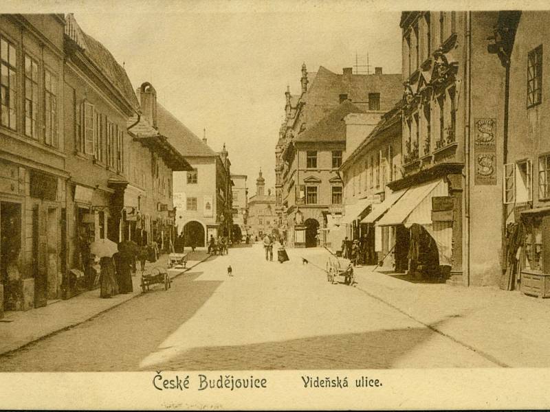 Dnešní ulice Karla IV. v centru Českých Budějovic na pohlednici z doby, kdy ještě nesla název Vídeňská. 