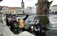 Potápěči z českobudějovického klubu Octopus odhalovali v pátek12. srpna hříchy turistů i místních na dně Samsonovy kašny na náměstí Přemysla Otakara II. v Českých Budějovicích..