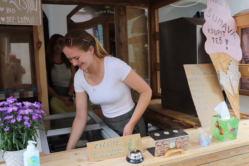 Vegan zmrzlina před prodejnou Dobré konopí v Krajinské ulici v centru Budějovic.