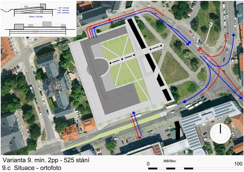 Rampa by mohla v budoucnu vést do nových podzemních garáží na českobudějovickém Senovážném náměstí. Nad zemí by objekt mírně přesáhl nynější parkoviště.