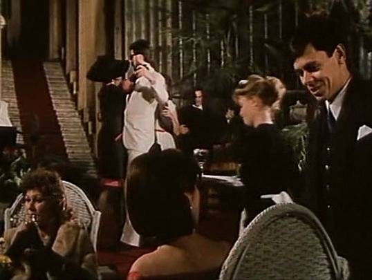 Záběr z filmu Muka obraznosti. V Alšově jihočeské galeriie se natáčela dlouhá scéna s večírkem. V dalších záběrech je pak vidět zimní zahrada