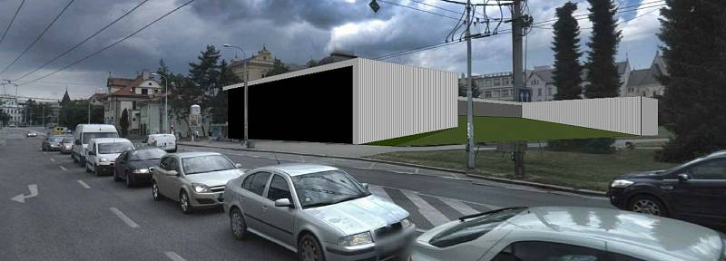 Rampa by mohla v budoucnu vést do nových podzemních garáží na českobudějovickém Senovážném náměstí. Nad zemí by objekt mírně přesáhl nynější parkoviště.