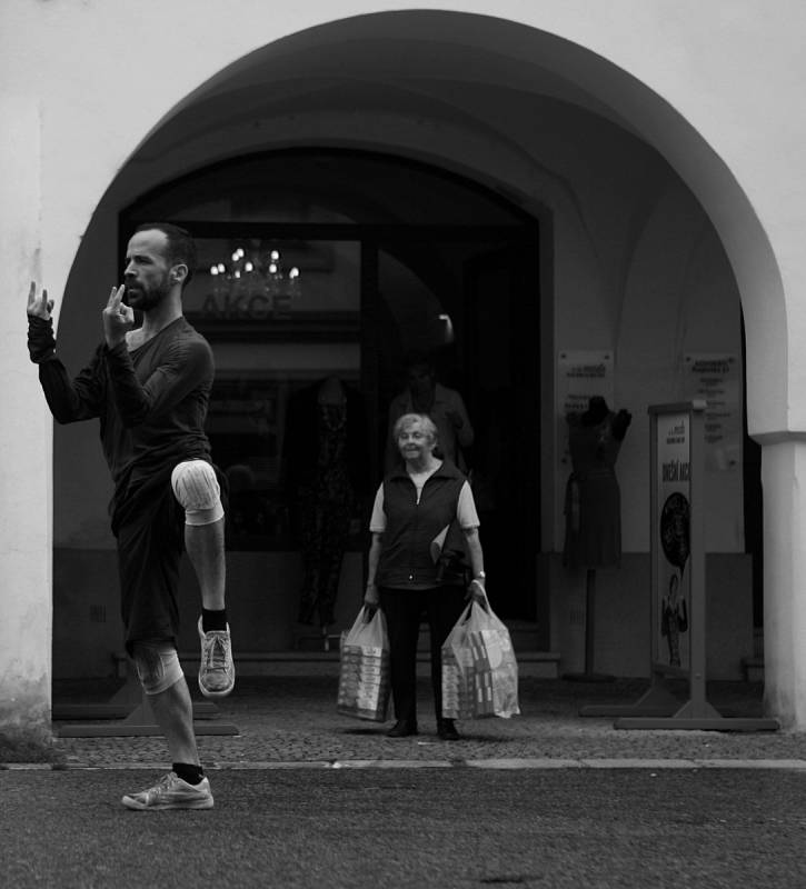 Venkovní taneční představení Accidia španělské skupiny La coja dansa v českobudějovické Krajinské ulici. Vystoupení bylo součástí jubilejního 25. ročníku festivalu TANEC PRAHA.Tanečníci Inés Belda a Santi de la Fuente