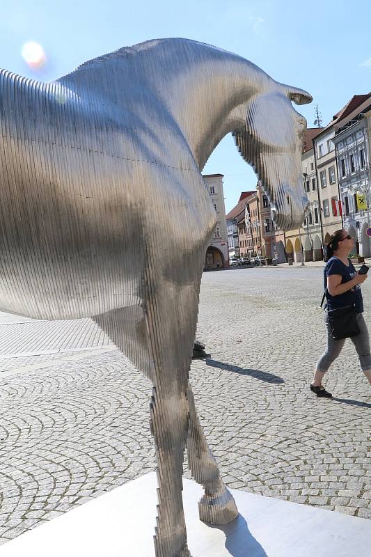 Ocelový kůň na českobudějovickém náměstí, jeho autorem je Michal Gabriel a je vystaven v rámci akce Umění ve městě.