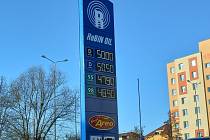 Ceny na čerpacích stanicích 10. března 2022. Robin Oil, České Budějovice, 10. března 2022.
