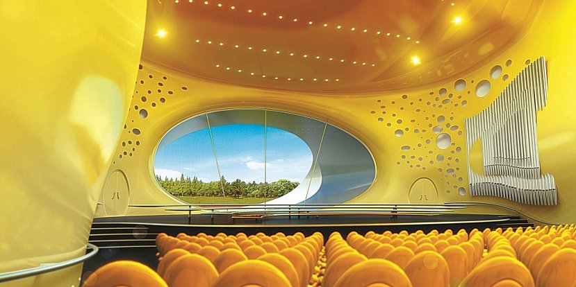Vizualizace koncertního a kongresového centra Antonína Dvořáka, tzv. Rejnoka pro České Budějovice od Jana Kaplického a Future Systems z roku 2008.