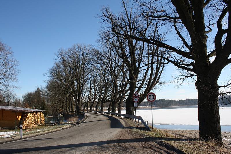 Zima v podhůří Novohradských hor. Zatímco v nižších polohách Budějovicka není po sněhu ani památky, v podhůří Novohradských hor se stále drží.