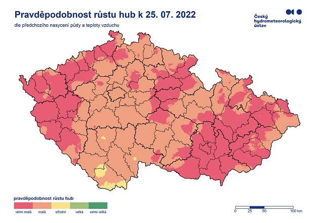 Pravděpodobnost růstu hub. Mapa vyjadřuje vhodnost vláhových podmínek pro růst hub. Základem výpočtu je informace o nasycení půdy srážkami v předchozích 30 dnech (index API30) v kombinaci s průměrnými teplotami posledních 7 dní. Foto: ČHMÚ