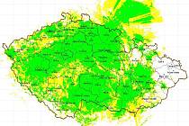 Zelená barva ukazuje aktuální ideální pokrytí signálem ČRo Plus.