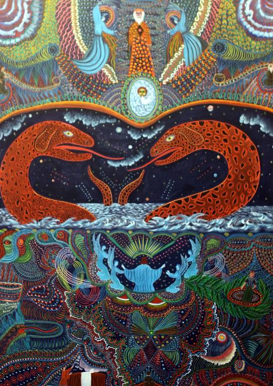 Otto Placht, malíř jihoamerické džungle, se představuje v českokrumlovském Egon Schiele Art Centru. Výstava Duše pra/lesa přináší ještě díla syna šamana Dimase Paredese Armase a Jaroslava Hněvkovského. Na snímku dílo Paredese Armase.