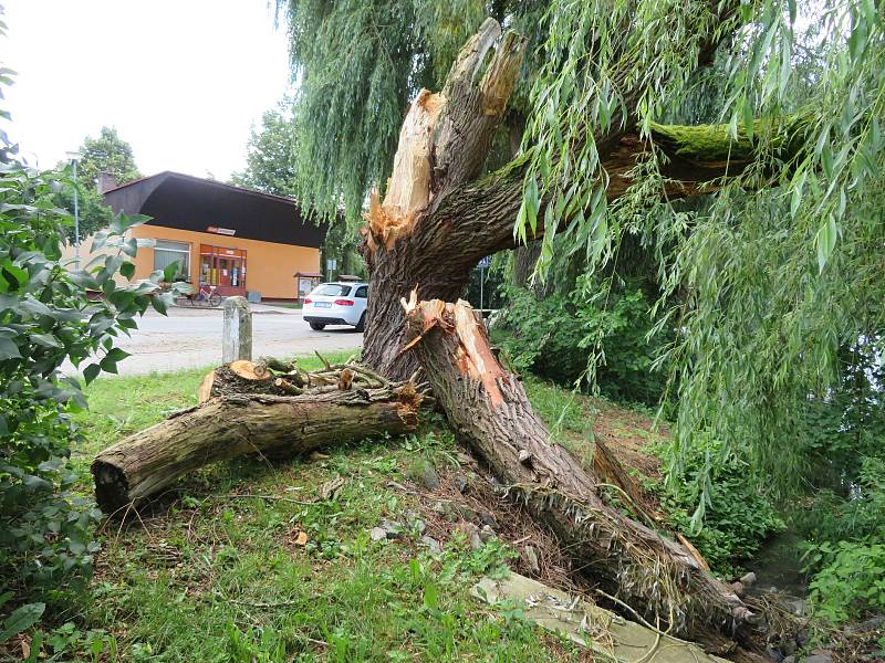 Nejhorší situace je kolem Želče na Soběslavsku, kde noční bouřky v noci na středu 30. června lámaly stromy. Jeden skončil v lese na vysokém vedení.