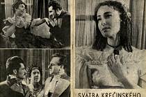 Vpravo:  Květa Fialová v roce 1954 ve hře Svatba Krečínského, kde hrála hlavní ženskou roli.