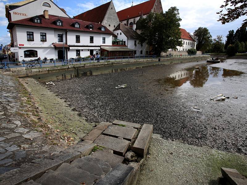 Obnažené koryto Malše i Vltavy lze v těchto dnech pozorovat v Budějovicích.