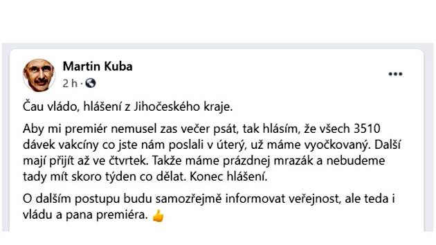 Jihočeský hejtman Martin Kuba poslal prostřednictvím sociální sítě facebook svérázný vzkaz premiéru Andreji Babišovi.