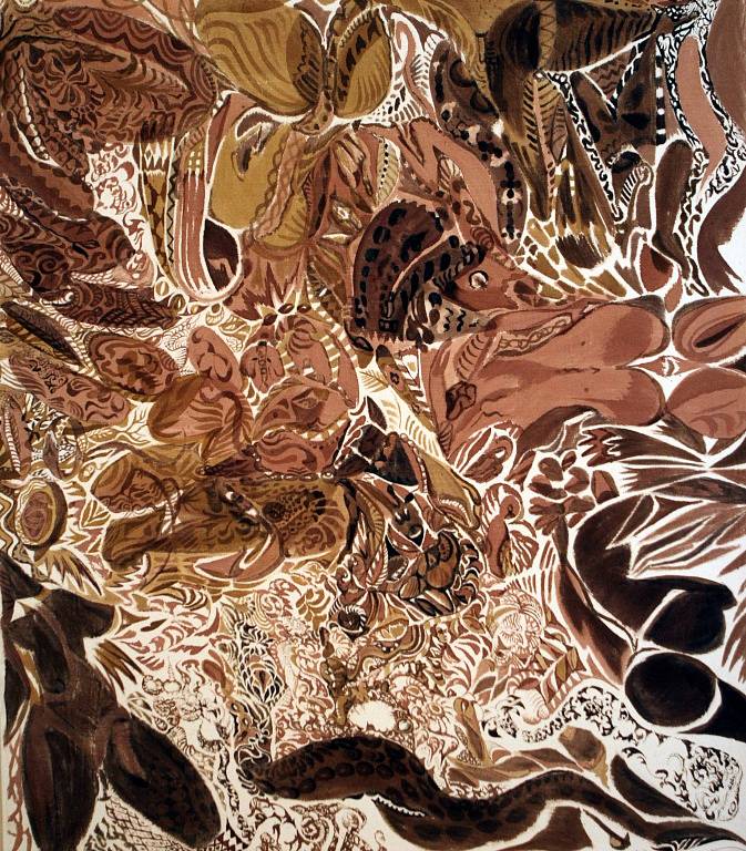 Otto Placht, malíř jihoamerické džungle (na snímku jeho dílo), se představuje v českokrumlovském Egon Schiele Art Centru. Výstava Duše pra/lesa přináší ještě díla syna šamana Dimase Paredese Armase a Jaroslava Hněvkovského.