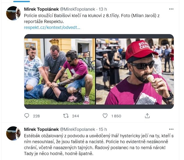 Záběry, jak policisté bez uniforem klečí na klukovi z 8. třídy sdílel i Mirek Topolánek.
