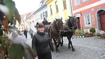 Pohřební kočár s dvěma koňmi projíždí centrem města.