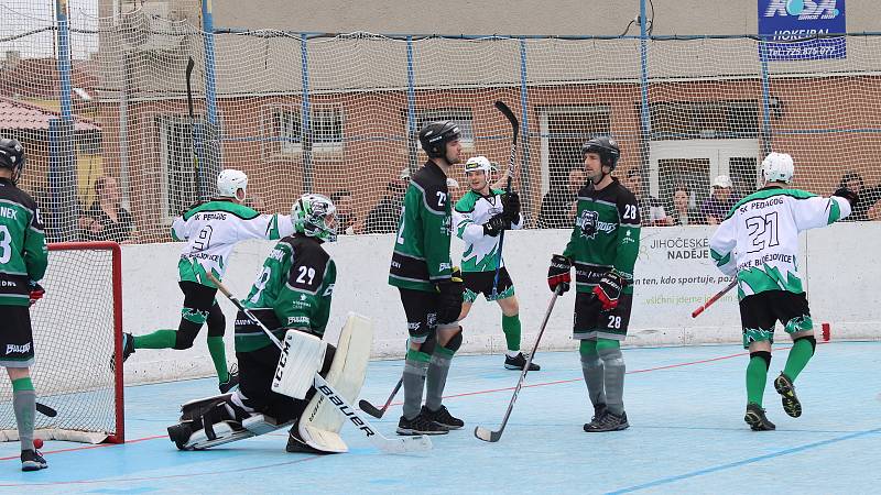 Hokejbalisté Pedagog České Budějovice vyřadili ve čtvrtfinále play off první ligy Bulldogs Brno.