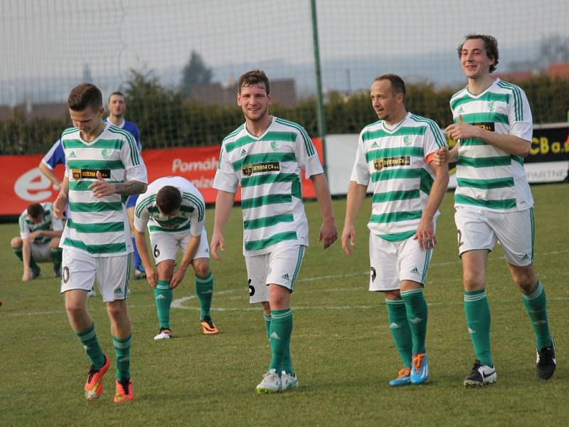 Fotbalisté Malše Roudné (v pruhovaném) se lídra divize nezalekli, doma vyhráli nad Hořovickem 2:0. 