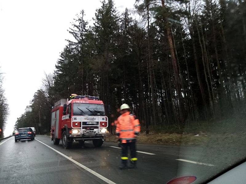 Před Lišovem ve směru od Českých Budějovic spadl strom na silnici a jeden byl nalomený. Doprava zde asi půl hodiny stála, než hasiči překážku odstranili.