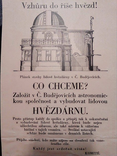 Plakát pobízející ke zřízení astronomického spolku v Českých Budějovicích.