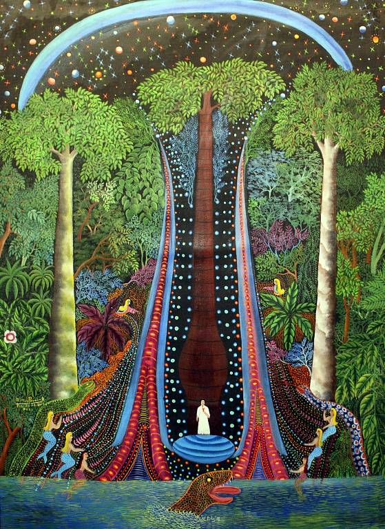 Otto Placht, malíř jihoamerické džungle, se představuje v českokrumlovském Egon Schiele Art Centru. Výstava Duše pra/lesa přináší ještě díla syna šamana Dimase Paredese Armase a Jaroslava Hněvkovského. Na snímku dílo Paredese Armase.