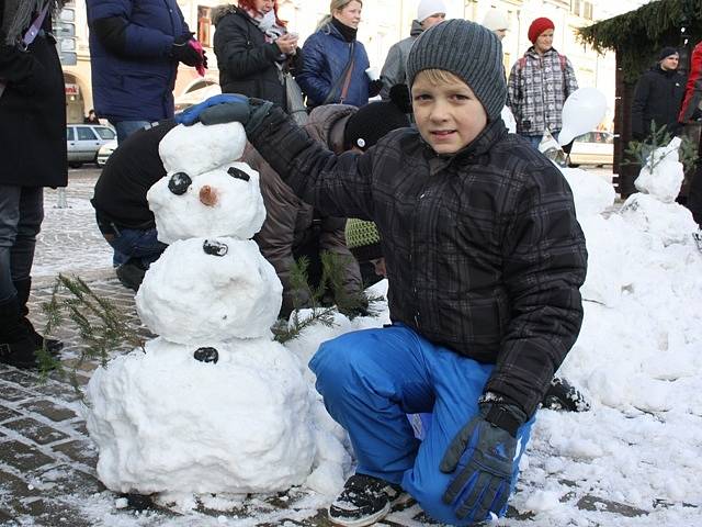 Lidé si mohli v sobotu přímo na českobudějovickém náměstí postavit sněhuláka.