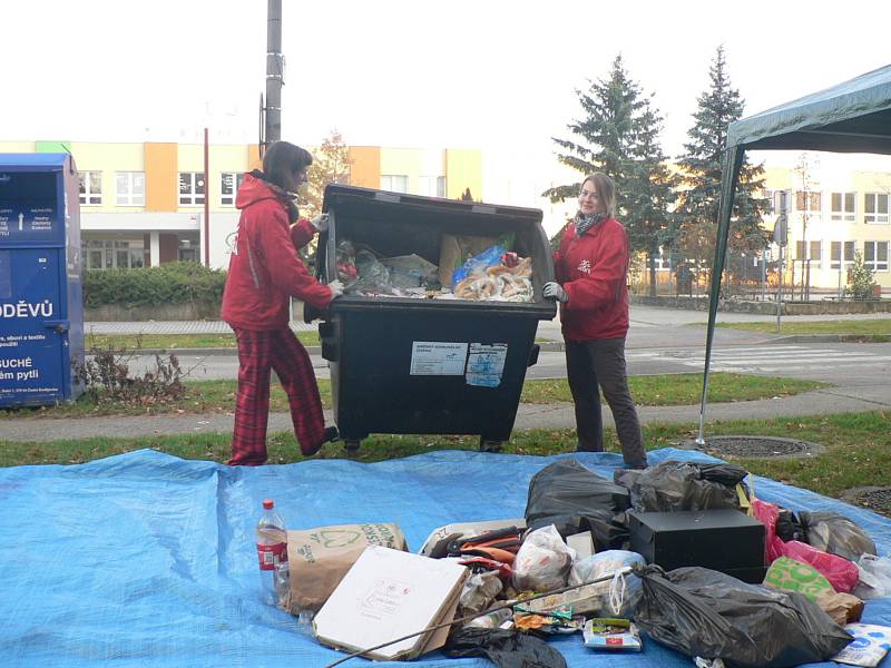 Ekologická organizace Arnika zkoumala směsný odpad v kontejneru na českobudějovickém sídlišti Šumava. Na snímku Jitka Straková a Sarah Ožanová (zleva).