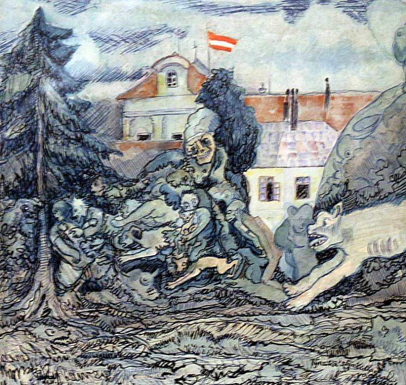 Egon Schiele Art Centrum v Českém Krumlově otevřelo pět výstav pod názvem Mysterium Šumava. Hlavní expozice představuje dílo Josefa Váchala (1884 - 1969). Na snímku kresba Týnská strašidla, 1931.