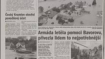 Co jsme psali o povodních ve čtvrtek 15. srpna 2002.