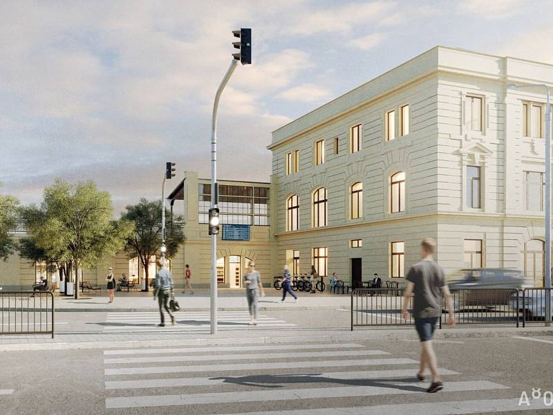 Generální rekonstrukce výpravní budovy vlakového nádraží v Českých Budějovicích má skončit v roce 2023. Na konci roku 2022 se má otevřít nová příjezdová hala. Na snímku vizualizace nové podoby nádraží.