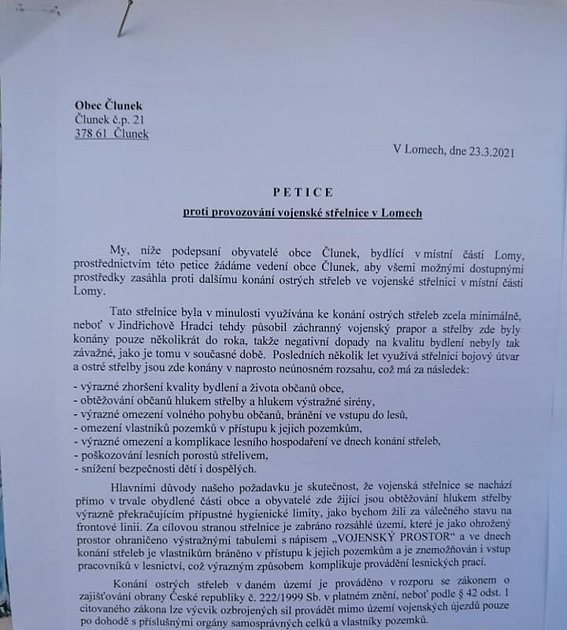 Hlavička petice proti střelnici v Lomech. Foto: facebook