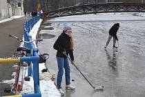 Slepé rameno Malše v Budějovicích pokryl led stejně jako řeku. Ale Vltava na soutoku u Sokolského ostrova zůstávala i v pátek 12. ledna 2024 bez ledu.