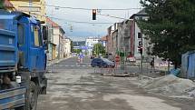 Rekonstrukce Mánesovy ulice v Českých Budějovicích. Konec července 2019.