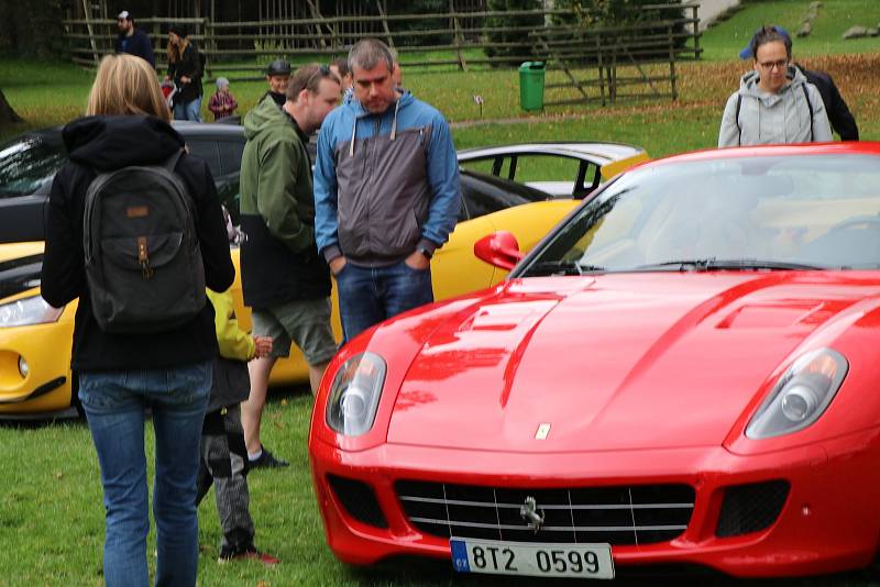 Výstava sportovních automobilů v parku zámku Blatná zaujala stovky návštěvníků.