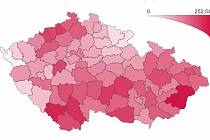 Počet lidí z potvrzeným covidem na 100 tisíc obyvatel k 1. květnu 2021. Jak je vidět z mapy, Prachaticko teď patří mezi nejhůř zasažené okresy.